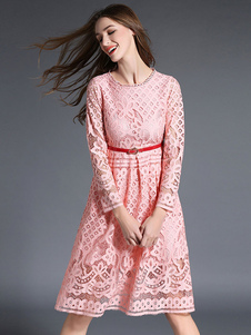 Pink manches longues dentelle robe féminine autour de cou robe de Flare Fit Slim avec ceinture