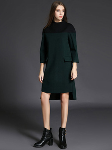 Fascinante robe droite mode Laine de plaine vert foncé bicolore irrégulier fendu col rond