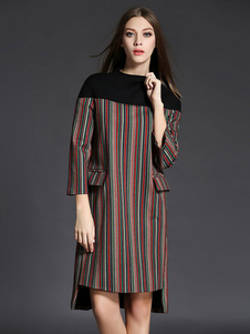 Magnétique robe droite mode en coton écossais devant court et derrière long fendu col rond