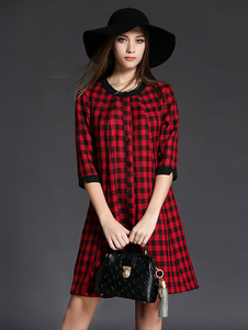 Fascinante robe droite mode en acétate de cellulose écossais surdimensionné avec bouton col rond