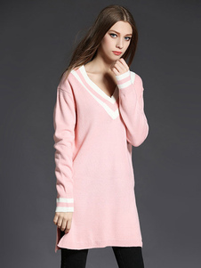 Robe pull charmante mode avec rayure fendue vêtements journaliers col V street style