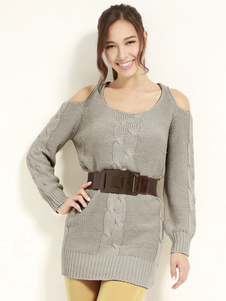 Chic femme pull mode gris clair unicolore avec crochet détail épaules ouvertes manches casaque manch