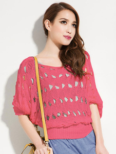 Chic femme pull sexy bleu unicolore creusé vêtements journaliers manches chauve-souris demi-manches