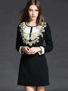 Charmante robe droite mode en polyester noir unicolore brodé col rond