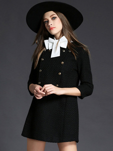 Charmante robe droite mode en polyester noir unicolore croisé avec noeud revers embelli