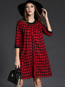 Attrayante robe skater mode en polyester impression plissé avec bouton col rond