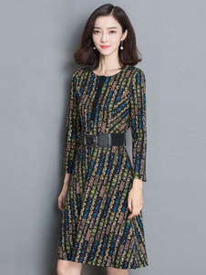 Magnétique robe skater mode en polyester bleu impression plissé avec ceinture col rond