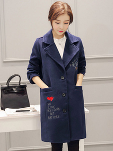 Éblouissant manteau en polyester bleu foncé unicolore avec poches col à revers