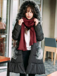 Attrayant manteau en polyester noir unicolore avec poches à capuche