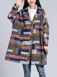 Charmant manteau en lin de coton impression col à revers