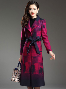 Magnétique manteau Laine de plaine fuchsia impression avec lacets et ceinture col à revers