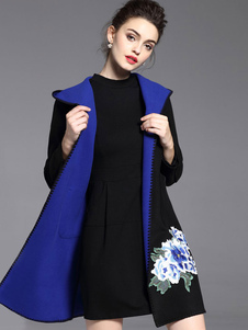 Beau manteau femme en laine mélangée color-block brodé surdimensionné à capuche