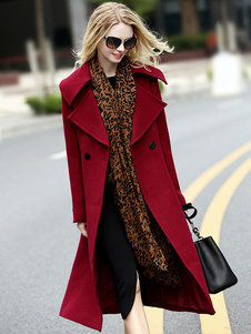 Adorable manteau Laine de plaine bordeaux unicolore avec bouton col à revers