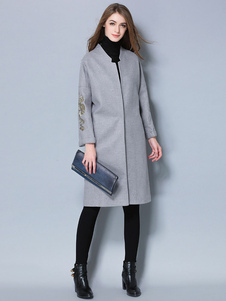 Charmant manteau Laine de plaine unicolore brodé vêtements journaliers décolleté cranté