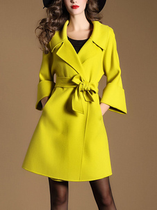Populaire manteau Laine de plaine jaune unicolore avec lacets et ceinture col à revers