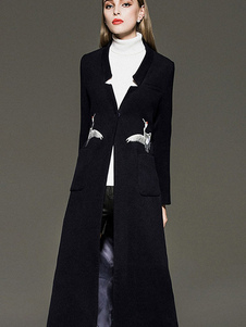 Charmant manteau Laine de plaine unicolore brodé vêtements journaliers col montant