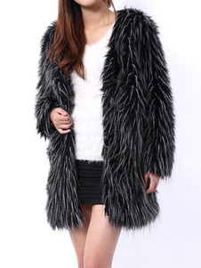 Fausse fourrure manteau d’hiver V noir manches longues col surdimensionné manteau d’hiver pour femme