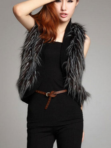 Fausse fourrure manteau noir sans manches V cou Animal Print Slim Fit manteau court veste pour femme