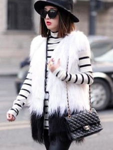 Fausse fourrure Manteau col V sans manches blanc Slim Fit manteau d’hiver pour femmes