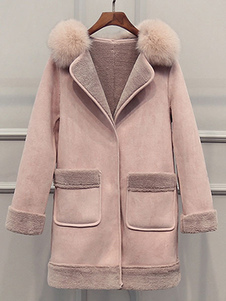 Attrayant manteau femme en suédé rose unicolore avec poches surdimensionné col à revers