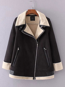 Charmant manteau femme en suédé noir bicolore avec boucle coupe asymétrique col à revers