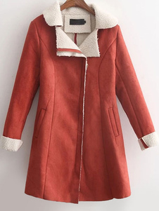 Beau manteau femme en suédé Orange rouge bicolore avec poches coupe asymétrique col à revers
