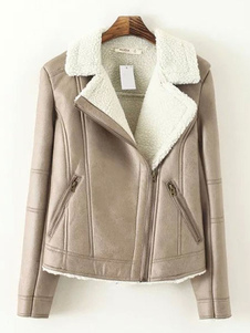 Fascinant manteau femme en suédé abricot clair unicolore avec zip coupe asymétrique col à revers