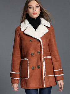 Chic manteau femme en suédé havane bicolore avec poches croisé col à revers