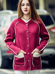 Énigmatique manteau femme en suédé unicolore avec passepoil surdimensionné col montant