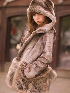 Fausse fourrure manteau gris à capuchon Long Sleeve occasionnels manteau d’hiver avec pompons & poch