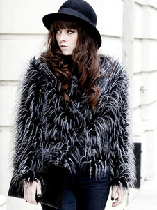 Noir col rond manches longues de la fausse fourrure manteau femme Slim Fit manteau d’hiver