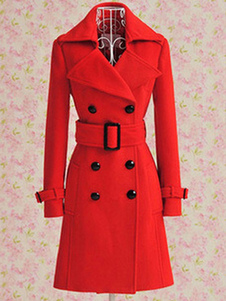 Éblouissant manteau Laine de plaine rouge unicolore avec ceinture croisé col à revers