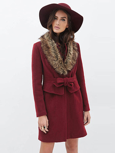Éblouissant manteau Laine de plaine bordeaux unicolore avec noeud convenable col à revers