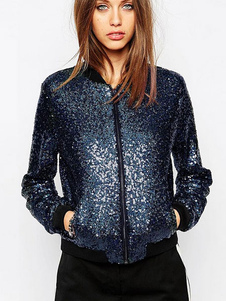 Magnétique manteau avec paillettes bleu unicolore convenable col montant