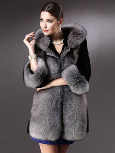 Fausse fourrure manteau noir capuche manteau d’hiver luxe féminin 2 couleurs