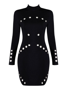 Robe noire Stand col manches longues oeillets Slim Fit Bodycon Dress