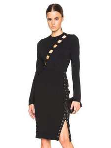 Robe noire manches longues Sexy Spandex découpe étirée Split Slim Fit Bodycon Dress