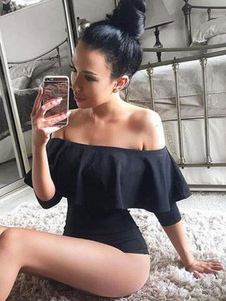 L’épaule Body Sexy avec volants col manches courtes en noir pour les femmes