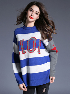 Adorable pull féminin mode bleu avec rayure vêtements journaliers manches longues