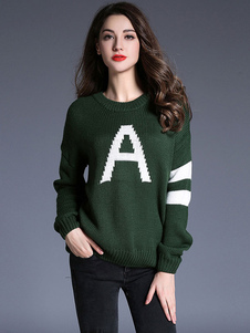 Adorable pull féminin mode vert imprimé lettres vêtements journaliers manches longues