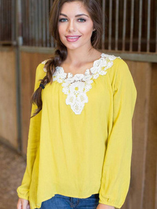 Blouse femme mode en chiffon jaune unicolore avec crochet