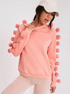 Sweater activewear en fibres de coton rose unicolore avec pom pom vêtements journaliers col rond