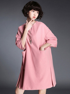 Magnétique robe droite mode Laine de plaine rose unicolore surdimensionné avec poches col rond