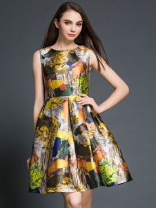 Magnifique robe skater mode en acétate de cellulose jaune impression plissé col rond