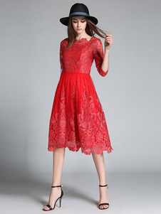Robe rouge dentelle robe féminine brodée encolure Bateau demi manche Slim Fit Flare