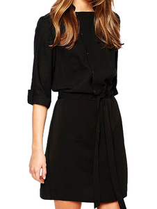 Magnifique robe droite mode en acétate de cellulose noir unicolore avec cordon col montant