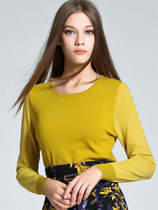 Populaire pull-over féminin mode jaune tricoté manches longues