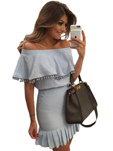 Robe bodycon en polyester bleu clair hors de l'épaule unicolore à volants