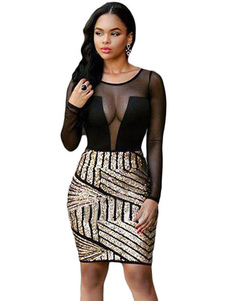 Magnétique robe de club en polyester noir à demi-transparence unicolore avec paillettes col rond