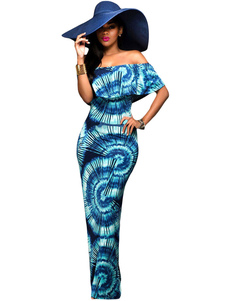 Robe longue bleu foncé en polyester impression hors de l'épaule